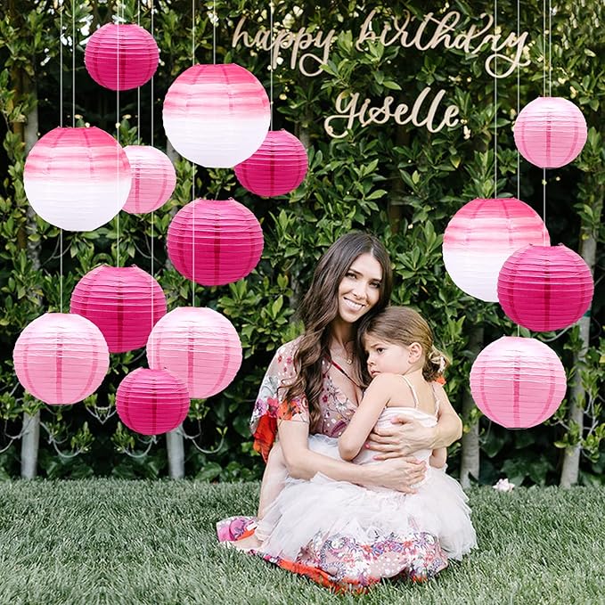 14 PCS Paper Lanterns, Gradient Colorful Pink Round Paper Lanterns Decorative Lantern Lamps, Hanging Lantern Chinese Tissue Indoor Room Outdoor Party Supplies Decoration