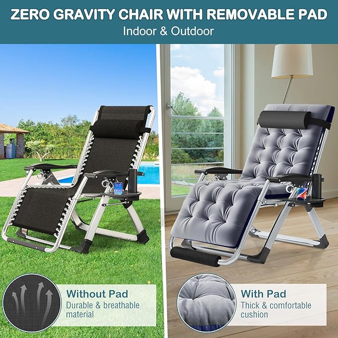 NAIZEA Widened Zero Gravity Chair 29" XL,Oversized Outdoor Lounge Chairs, Folding Reclining Camping Chairs with Cup Holder, Ergonomic Patio Lawn Chair for Balcony Beach Deck Yard