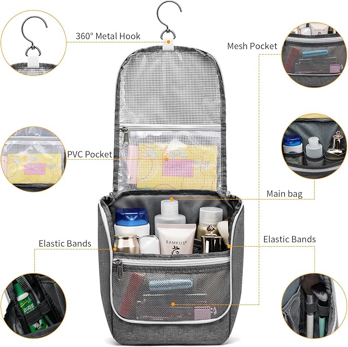 Della Gao Travel Hanging Toiletry bag for Men & Women, Water-resistant Sturdy Nylon Toiletries Organizer for Cosmetics, Makeup Brushes, Shaving Tools, Bathroom Bag, Grey