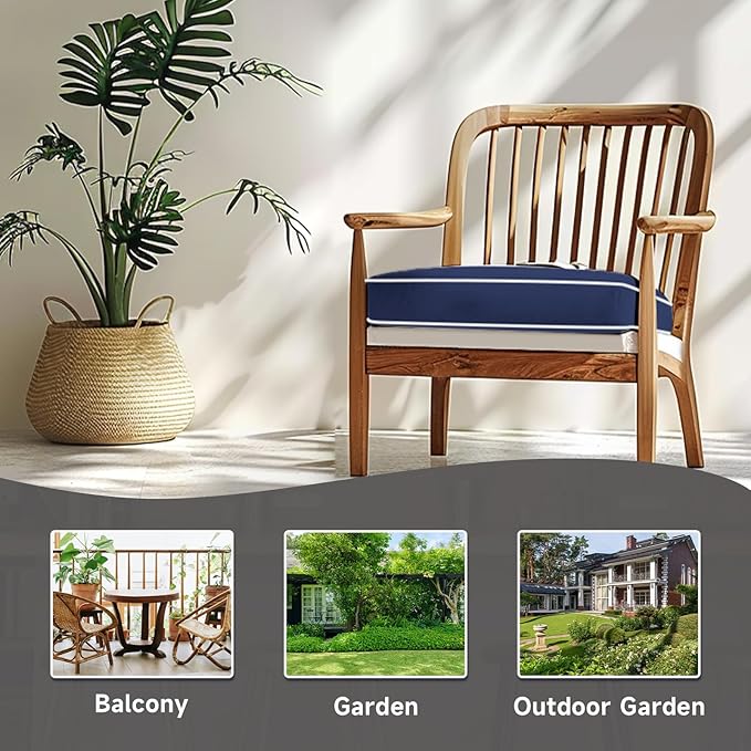 PNP FKJP 2 Pack Outdoor Chair Cushion 20" X 20" X 4", Waterproof Outdoor Seat Cushions with Non-Skid Ties, Navy (Cushion + Cover)