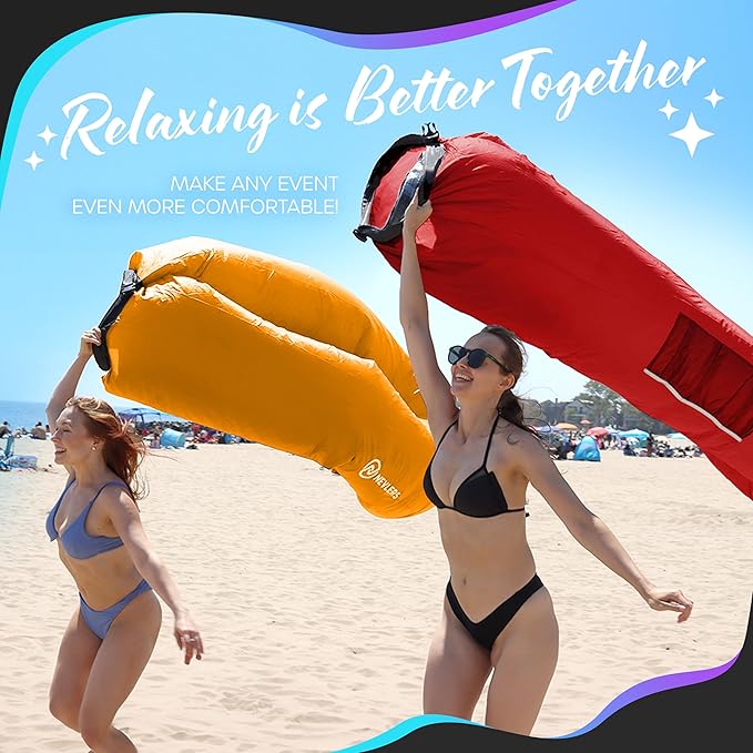 Nevlers 2 Pack Inflatable Loungers Air Sofa Couch | Perfect for Beach Chair Camping Chairs or Portable Hammock |Travel Bag Pouch, Pegs & 3 Pockets| Movie Seating & Camping Accessories Blow Up Lounger