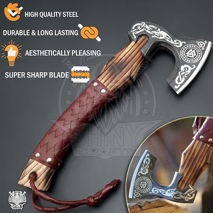SHINY CRAFTS Viking Axe Mens Axes Hatchet with Leather Sheath - Real Tomahawk for him Valknut Axe Gift for Men Camping Hatchet with Premium Leather Sheath (SCA 07)
