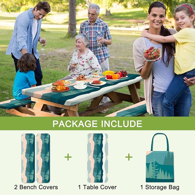 Picnic Table Cover with Bench Covers Camping Tablecloth with Storage Bag Windproof Waterproof Picnic Table Covers with Elastic for Camping