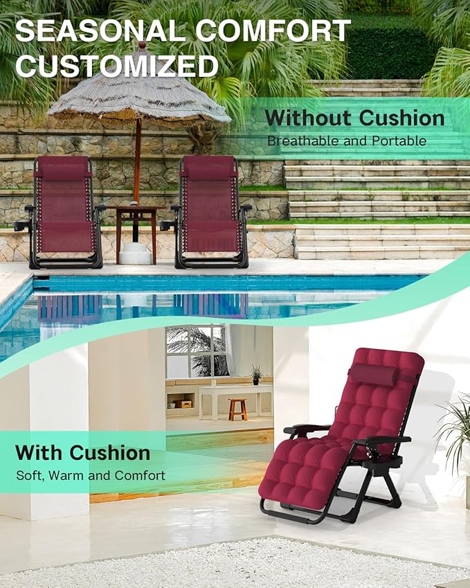 ZENPETIO Zero Gravity Lounge Chair, Foldable Outdoor Recliner with Detachable Cushion, Portable Anti Gravity Lounger for Camping, Patio, Poolside, Lawn - Burgundy
