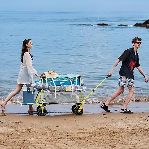 400L Collapsible Double Decker Beach Wagon with Cooler Bag, 450LBS Heavy Duty Folding Beach Cart with 54" Extra-Long Tailgate, All-Terrain Big Wheels with Brakes for Outdoor, Camping, Sports, Shopping
