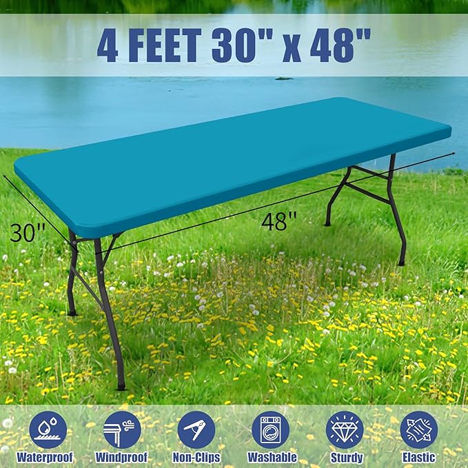 Spandex Picnic Table Cloth 2 Pack, Elastic Fitted Tablecloths for 4 Foot Rectangle Tables, Stretch Washable Patio Table Cover for Outdoor, Camping, Banquet and Parties (Teal, 30"x48")