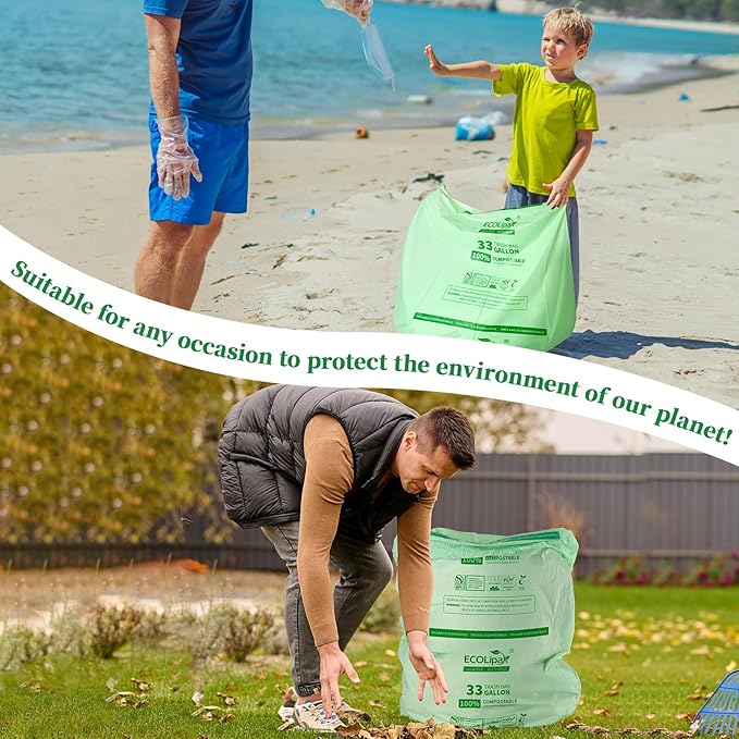 ECOLipak 33 Gallon Compostable Trash Garbage Bags, 50 Count (2 Rolls) Biodegradable Heavy Duty Large Outdoor Trash Bags for Lawn/Yard, US BPI ASTM D6400 and OK Compost Home Certified