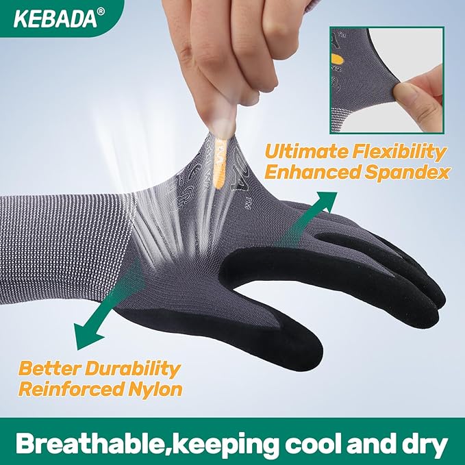 Kebada W2 Work Gloves for Men and Women, Nitrile Coated Working Gloves for Gardening, Construction, Warehouse, Safety Gloves for Work in Yard and Outdoors, 6 Pairs, XL