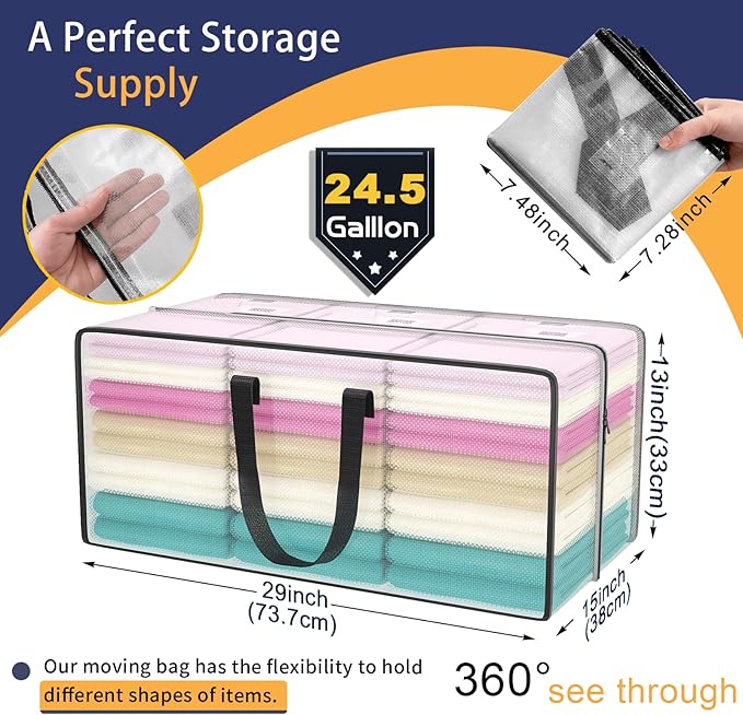 Clear Storage Bags with Zipper, 2 Pack Large Moving Bags Heavy Duty Extra Large, Plastic Storage Totes for Clothes, College dorm Packing Bags with Strong Handles