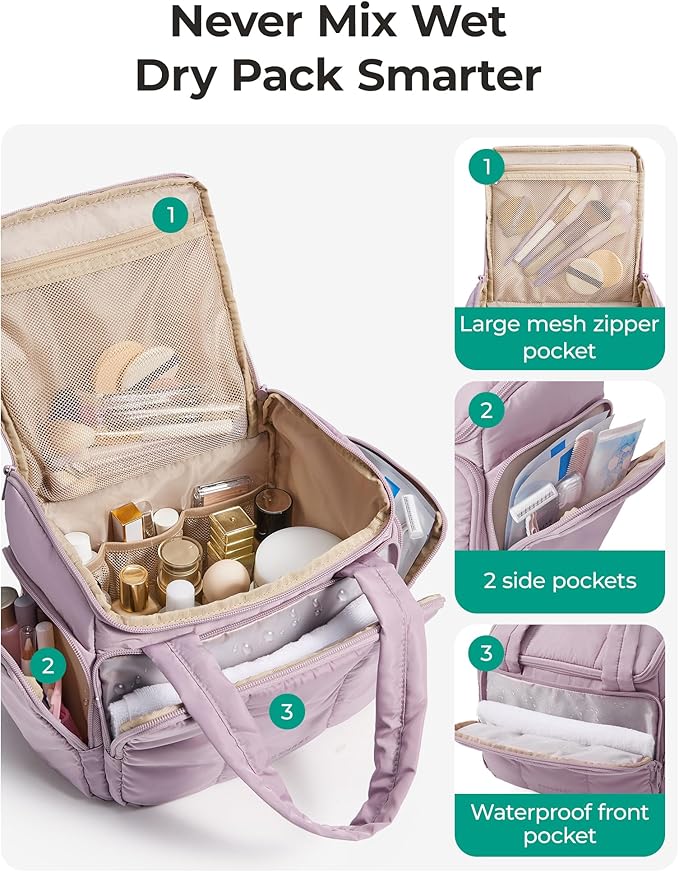 BAGSMART Puffy Travel Toiletry Bag, Roomy Makeup Bag with Multi-Pockets for Full-Sized Toiletries & Accessories, Purple