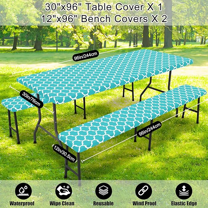 Smiry Picnic Table Cover with Bench Covers, Waterproof Elastic Fitted Tablecloth for 8 Foot Tables, Washable Polyester Tablecloths for Camping, Indoor & Outdoor (Teal Morocco, 30x96 Inch 3-pc Set)