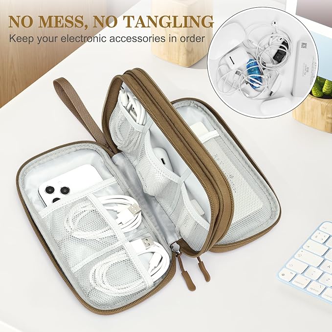 FYY Electronic Organizer, Travel Cable Organizer Bag Pouch Electronic Accessories Carry Case Portable Waterproof Double Layers Storage Bag for Cable, Charger, Phone, Earphone, Medium Size- Brown