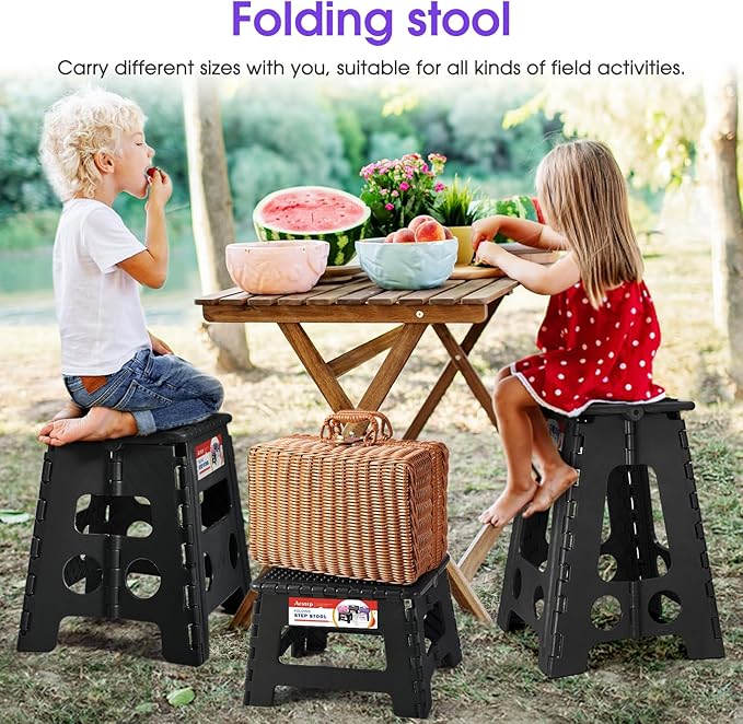 ACSTEP 16 Inch Folding Step Stool for Adults and Kids, Non-Slip Plastic Foldable Stepping Stool, Collapsible Folding Stool with Handle Holds Up to 400lbs for Kitchen, Dot Black (1 Pack)