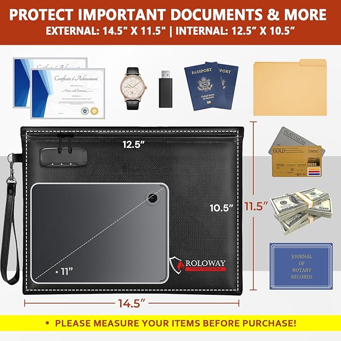 ROLOWAY Fireproof Document Bag (14.5 x 11.5 inch), 6400℉ Fireproof Money Bag with Zipper for Cash, Fire Safe Money Pouch with Lock (Black)
