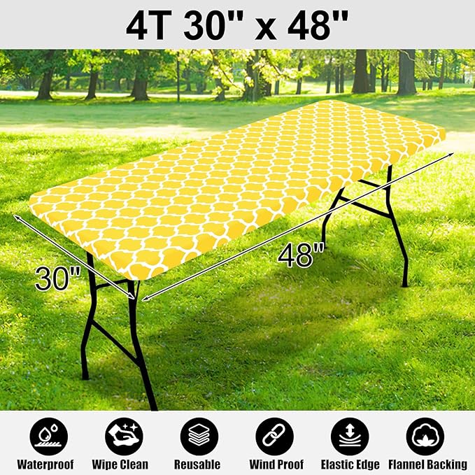 Smiry Rectangle Picnic Table Cover, Waterproof Elastic Fitted Camping Tablecloths for 4 Foot Tables, Wipeable Flannel Backed Vinyl Tablecloth Protector for Indoor, Outdoor (Yellow, 30x48 Inches)