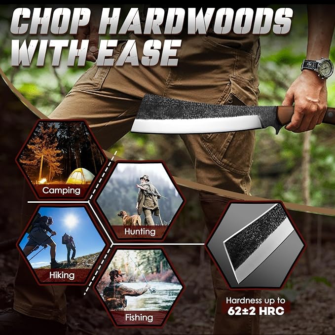 Freelander Japanese Style High Carbon Steel Machete with Red Sandalwood Ergonomic Full Tang Handle and Wood-Leather Sheath — Heavy-Duty Outdoor Tool for Camping, Hiking, Yard Work, and Survival