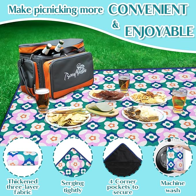 Block Floral Picnic Blankets Waterproof Foldable, 60″X80″Boho Thick Picnic Mat Outdoor Blanket for Grass,Cute Beach Blanket Sandproof Picnic Accessories for Camping Picnic Party Park Hiking