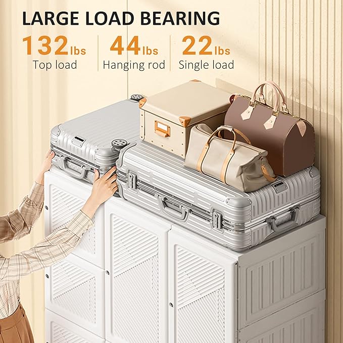 HOMCOM Portable Wardrobe Closet, Folding Clothes Storage Organizer with 8 Cube Compartments, 2 Hanging Rods, 11 Magnet Doors, White