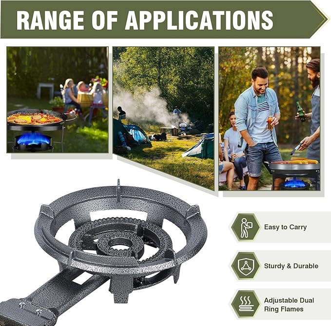 Bestfire 13" Single Propane Burner Stove 90,000 BTU Cast Iron Portable Outdoor Burner with 0-20 PSI Adjustable Regulator and Stainless Steel Hose Perfect for Outdoor Wok Cooking