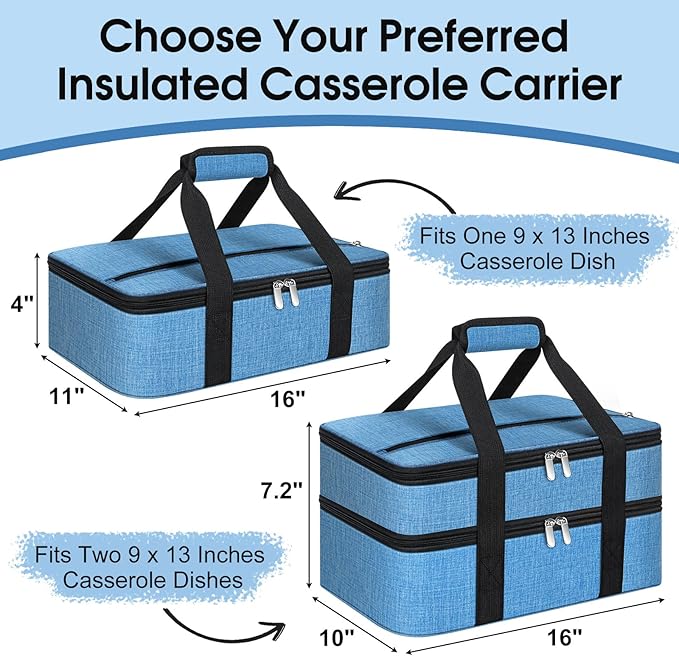 Insulated Casserole Carrier, Portable Casserole Carrier for Hot or Cold Food Lunch Tote Warmer or Cooler Bag, Lasagna Lunch Bag for Potluck Parties- Fits 9" x 13" Baking Dish-Azure