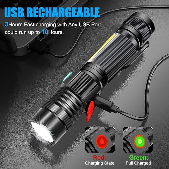 USB Rechargeable Flashlight, Magnetic LED Flashlight, Super Bright LED Tactical Flashlight with Cob Worklight,Waterproof,Zoomable Small LED Flashlight for Camping, Flashlight with Holsters
