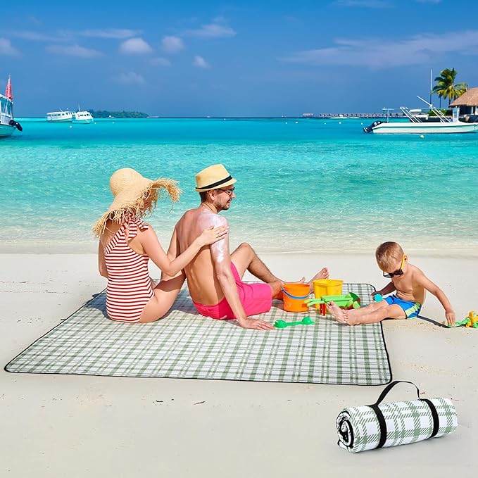 Picnic Blanket 80''x80'' Extra Large Outdoor Blanket, Waterproof, Sandproof, Machine Washable, Tear Resistant, Foldable Picnic Mat for Camping, Grass, Park, Travel, Beach – Green