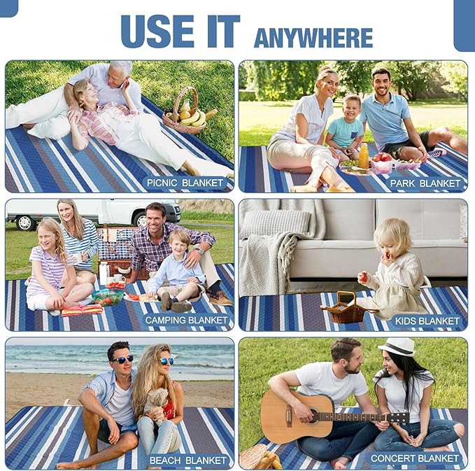 Picnic Blankets Outdoor Extra Large - 80"x80" Waterproof Beach Blanket, Machine Washable 3-Layer Foldable Park Mat with Sandproof Backing for Grass, Hiking, Travel, Concerts, Indoor (BlueStrip)