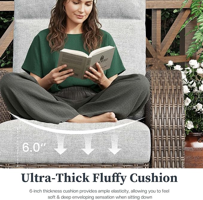 Outdoor Wicker Recliner Chair High Back Patio 360°Swivel Reclining Lounge Chair with 6-Inch Thick Cushion