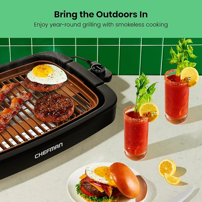 Chefman Smokeless Indoor Electric Grill, Copper, Extra Large, Nonstick Table Top Grill for Indoor Grilling and BBQ with Adjustable Temperature Control, Nonstick Dishwasher-Safe Parts, 9" x 15"