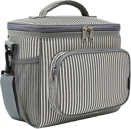 FlowFly Insulated Reusable Lunch Bag Adult Large Lunch Box for Women and Men with Adjustable Shoulder Strap,Front Zipper Pocket and Dual Large Mesh Side Pockets,Stripes