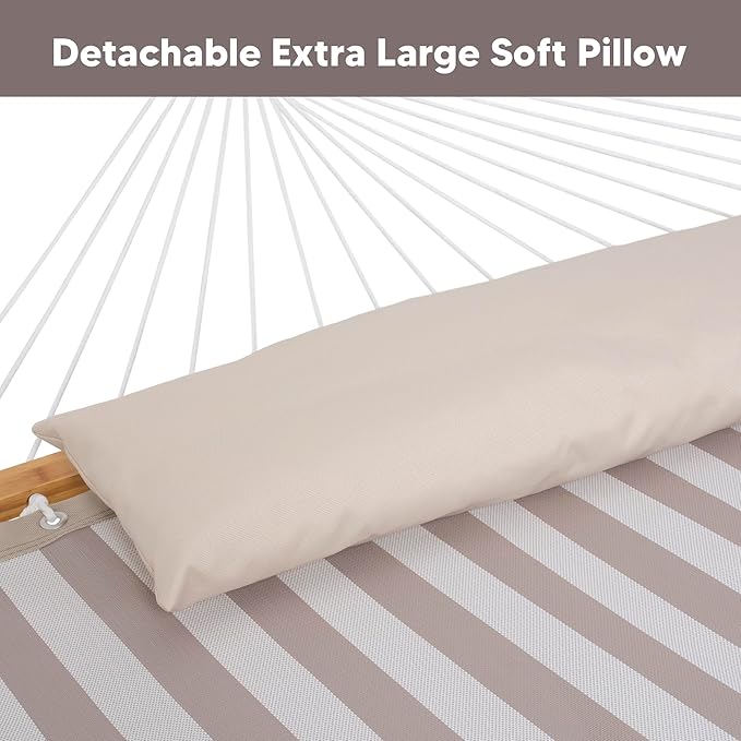 SUNCREAT Double Hammock with Stand Included, Outdoor Portable Hammock with Stand, Light Gray Stripes