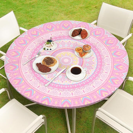 Round Tablecloth Fitted Elastic Table Cover Waterproof Table Cloth for Dinner, Party, Picnic,Camping, Round Table Cover for Indoor Outdoor