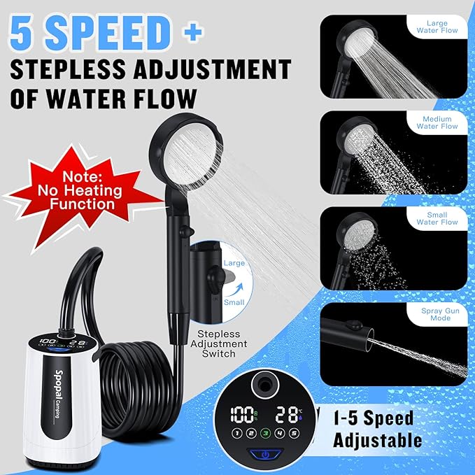Portable Camping Shower - 10000mAh Rechargeable, 5-Speed, IPX8 Waterproof, LED Display Camp Shower Pump- Perfect for Hiking, Travel, Cars & Pets