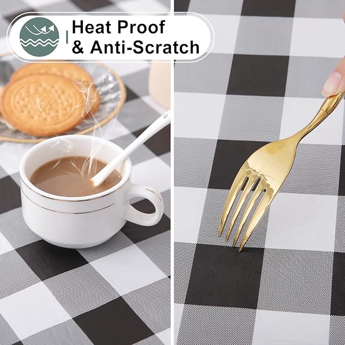 misaya Round Waterproof Vinyl Table Cloth, Buffalo Flannel Backed Tablecloth, Wipeable Plastic Table Cover for Dinner, Kitchen, Picnic (60", Black and White)