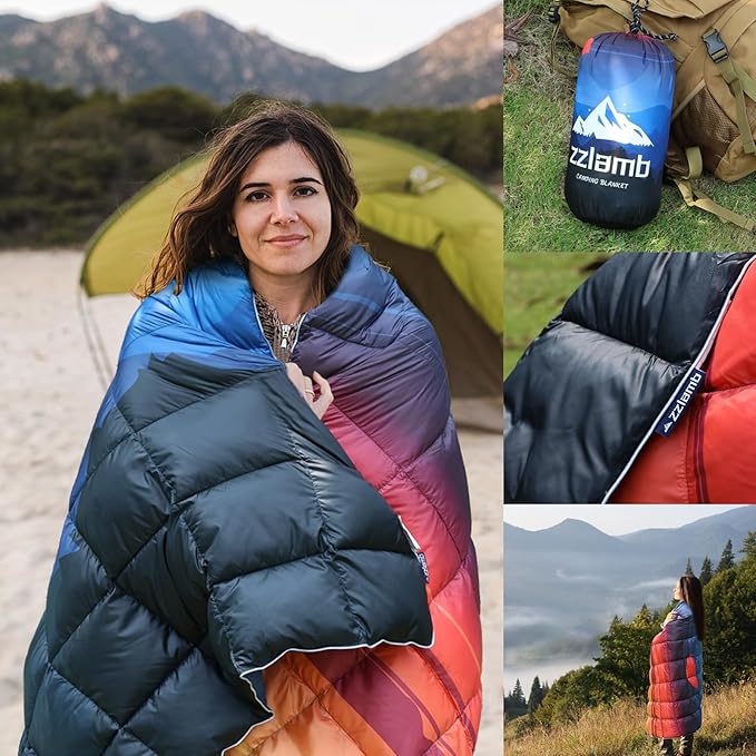 zzlamb Puffy Down Camping Blanket Water-Repellent, Down Throw Travel Blanket Portable for Outdoor, Light Warm Quilt for Couch Plane Car Theater Stadium Picnic RV Backpacking Hammock