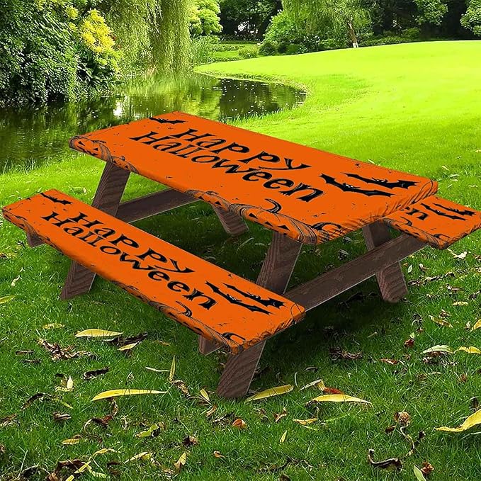 CAPSCEOLL Elastic Picnic Table Cover with Bench Covers 5Ft Waterproof Fitted Picnic Table Cover Cloths for Outdoors Camping Tablecloth with Drawstring Bag, 60X30in, Happy Halloween