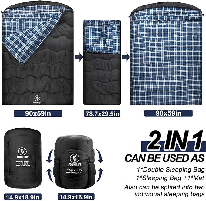 0 Degree Flannel Double Sleeping Bag for Adults, Couples or Family - Winter Queen Size Waterproof & Warm 2-Person Sleeping Bag for Cold Weather Camping, RV Travel