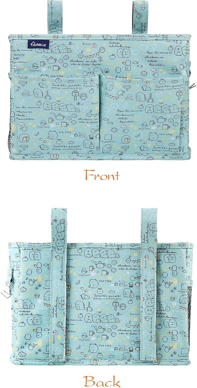 Surblue Bedside Caddy Hanging Bed Organizer Storage Bag Pocket for Bunk and Hospital Beds, College Dorm Rooms Baby Bed Rails,Camp Chiars，Wheelchair Side Bag，4 Pockets and 2 Hooks (Cartoon)