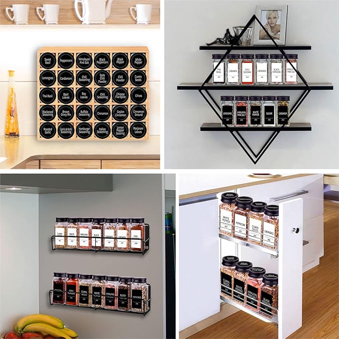 Churboro 36 Spice Jars with 547 Labels- Glass Spice Jars with Black Metal Caps, 4oz Empty Spice Containers with Shaker Lids, Funnel, Chalk Pen, Square Seasoning Bottles for Spice Rack, Drawer, Cabinet