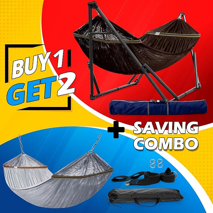 Tranquillo Combo x2 Hammocks with Stand for Outside & Tree Straps, Heavy Duty Hammock with Stand 600lbs for Indoor Outdoor Patio Backyard, x2 Hammocks for 2 Person, Portable Carrying Bags, Brown