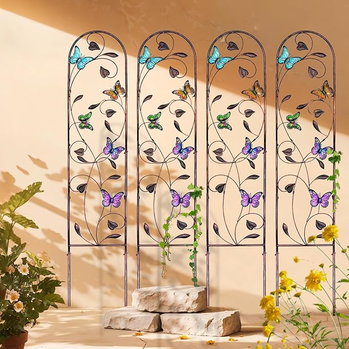 aboxoo Set of 4 Packs Butterfly Metal Garden Trellis for Climbing Plants,Outdoor Decorative Flowers Arch Fence Trellis for Outdoor Patio,Garden,Lawn,Yard,Backyard,Wall Brackets,60'' H x 11'' W