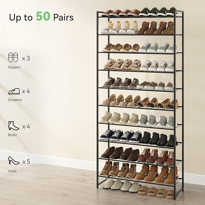 Shoe Rack for Closet, Metal Shoe Organizer, 10 Tier Garage Shoe Rack Max Holds 50 Pairs,Shoe Storage Shelf,Entryway, Black