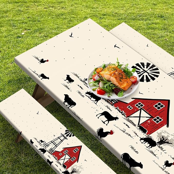 Picnic Table Cover with Bench Covers Elastic Edges, Farmhouse Camper Fitted Table Cover, Patio Camping Essentials 72 Inch 3PCS, Waterproof Camping Fitted Tablecloth with Drawstring Bag