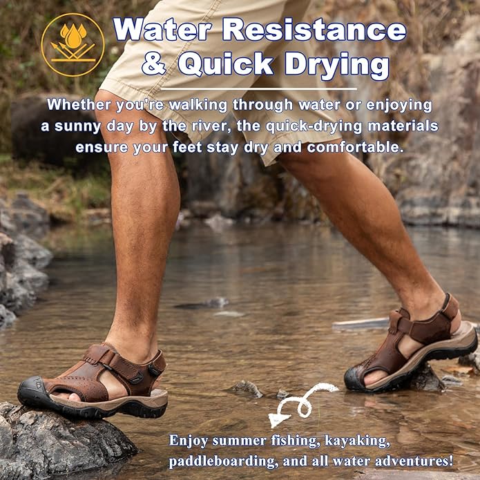 Men's Sport Sandals Closed Toe Leather Hiking Athletic Walking Outdoor Beach Trail River Fishing Water Shoes Lightweight Comfortable Waterproof