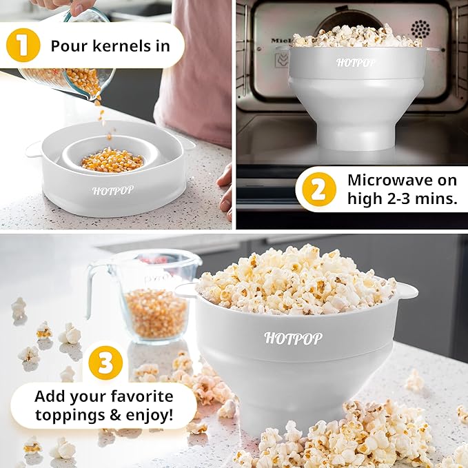 The Original HotPop Silicone Popcorn Maker - Microwave Popcorn Popper - Collapsible Bowl, Heat-Resistant, Easy to Clean, Ideal for Family Movie Nights, 15-Cup Capacity - White