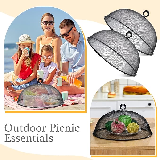 Gerrii 6 Pcs Metal Mesh Food Cover Outdoor Mesh Food Tents Dome Screen Plate Covers for Dinner Plates Reusable Fruit Fly Nets Picnic Food Umbrella for Table, BBQ, Camping, Party (Black,14 Inch)