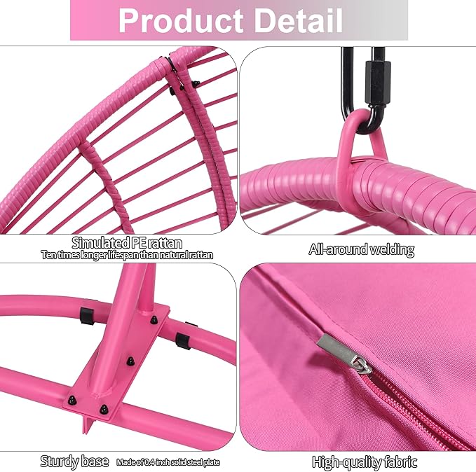 Hanging Egg Chair with Stand - Egg Swing Chair Outdoor Indoor Patio Wicker Chair Swing Hammock Egg Chairs 400lbs Capacity for Outside Patio, Bedroom, Garden and Balcony(Pink, 1PC)