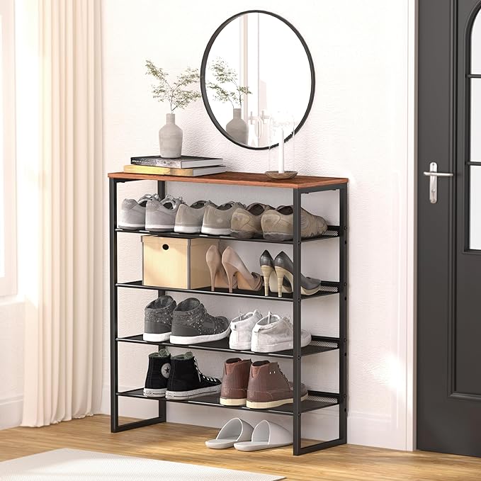 Shoe Rack - Sturdy Steel Shoe Organizer for Front Door Entrance Closet Entryway with Spacious Top - Industrial Style Strong Mesh Storage Shelves (5-Tier 11.8"x36.2"x31.5")