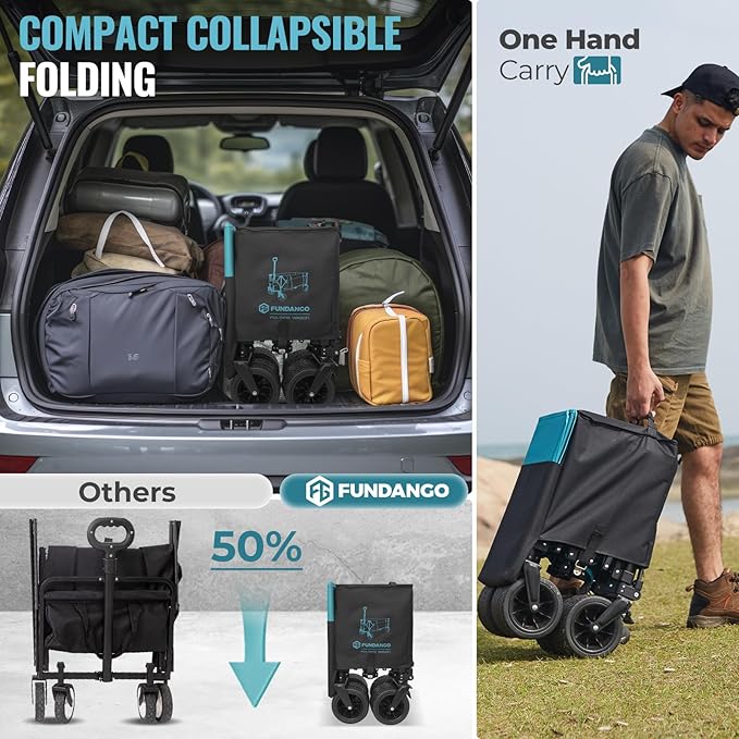 FUNDANGO 600lbs Heavy Duty Wagon, Foldable Beach Collapsible Wagons Garden Cart with Brakes, Side Pockets & All-Terrain Big Wheels for Sports Camping Shopping Groceries, Black/Blue