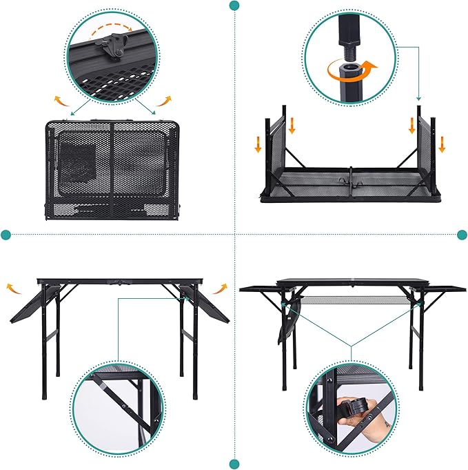 Nice C Folding Grill Table, Camping Table, Tailgate Tables, Grill Tables, Outdoor, Metal Folding Adjustable Height&Width, Mesh Net, Carry Handle
